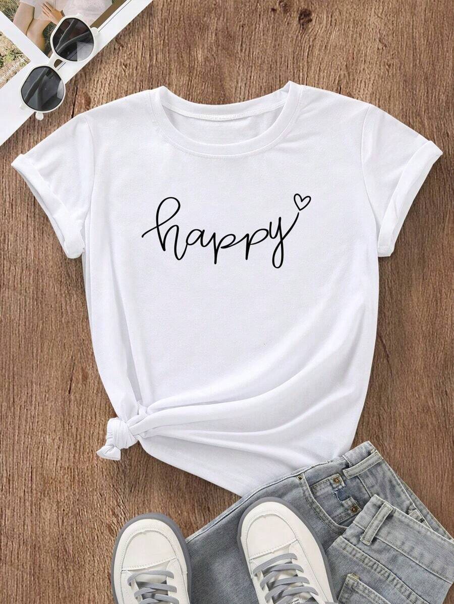 Camiseta informal blanca de manga corta para mujer con estampado gráfico de corazón feliz, cuello redondo y largo regular, tejido ligeramente elástico. - Blanco - Ver 1