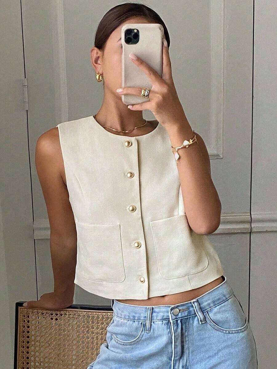 Chaqueta ajustada sin mangas de cuello redondo de unicolor para mujer, primavera/verano - Albaricoque 2 - Ver 1