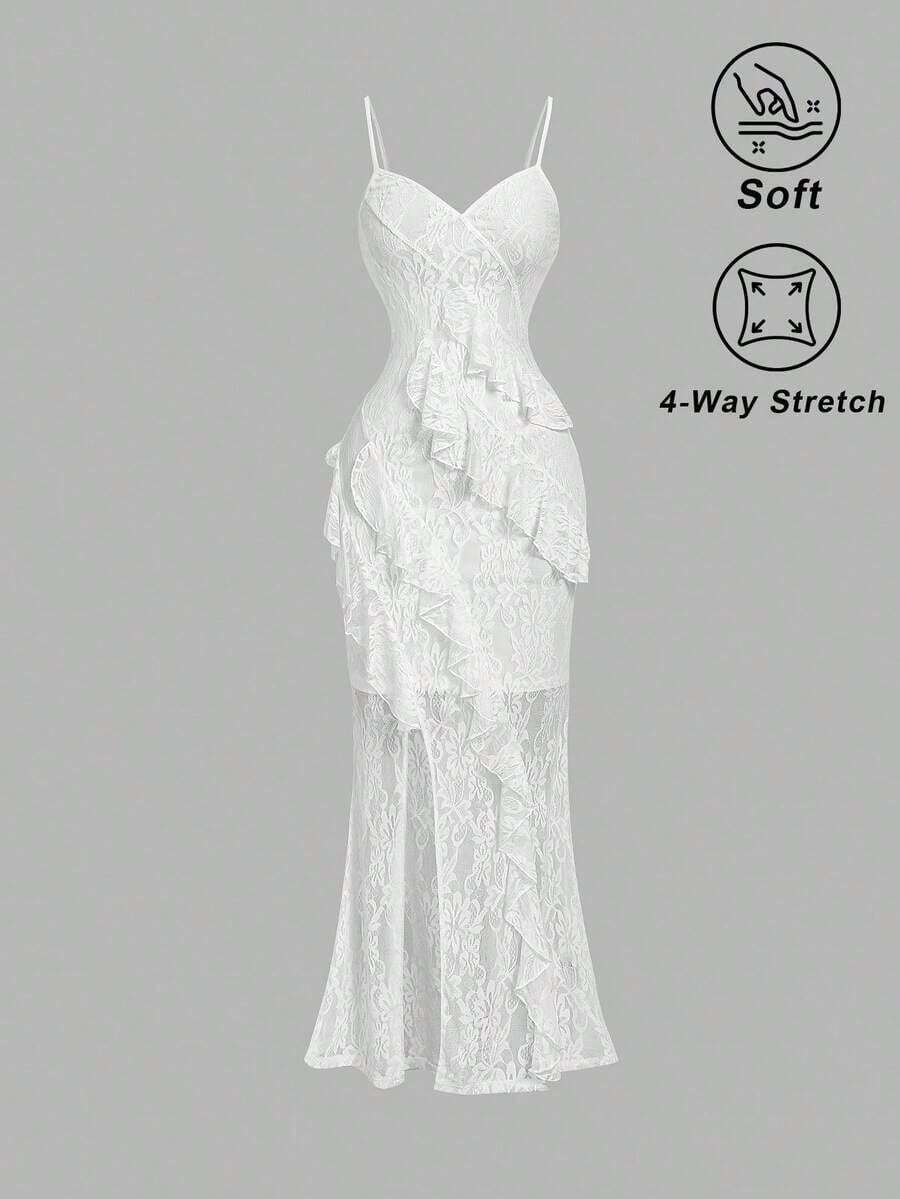 Vestido largo con abertura alta, cuello en V y volantes, con estampado de teñido anudado, vestidos de verano para mujer, vestidos en tonos pastel, vestido de fiesta, atuendo de fiesta, vestido de playa, atuendos de playa para mujer, vestidos ele - Blanco - Ver 1