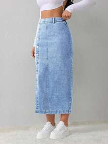 Tall Falda vaquera de mujer, casual, suelta, con abertura lateral, falda midi azul, falda larga para mujeres, falda azul claro, falda azul, ropa de invierno para mujer - Lavado ligero 3 - Ver 5