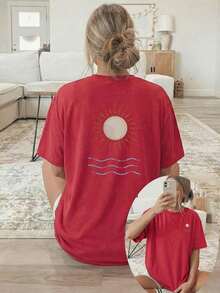 Plus Size, Short Sleeve [Double-Sided Print] Women's Loose Fit Spring/Summer Casual Clothing, Short Sleeve Crew Neck T-Shirt With Sun And Wave Print, 100% Cotton - 紅色 - 查看 6