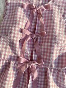 Camisa sin mangas a cuadros rojos y blancos tejida con nudo delantero para mujer - Rosa vieja - Ver 5