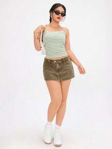 Falda mini de mezclilla lavada informal para mujer - Café integral - Ver 4