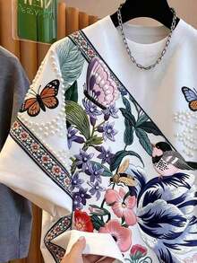 Camiseta de manga corta con cuello redondo y estampado floral, verano - Multicolor 3 - Ver 3