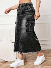 Minifalda de mezcla de algodón para mujer, de unicolor, con bolsillos, adecuada para todo el año, casual, negra, primavera - Negro - Ver 4
