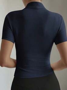 Camiseta de manga corta con cremallera, de unicolor y estilo minimalista casual para mujer - Azul marino - Ver 2