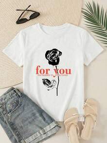 Women's Casual Pink And White Print T-Shirt, Short Sleeve Round Neck Drop Shoulder Top, Relaxed Fit Floral Graphic Tee For Everyday Fashion SEEJ - 白色 - 查看 3