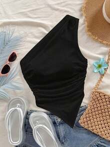 Conjunto de 3 piezas para mujer con top sin mangas con hombros fruncidos, de estilo minimalista y de moda, ideal para vacaciones, primavera y verano - Negro - Ver 1