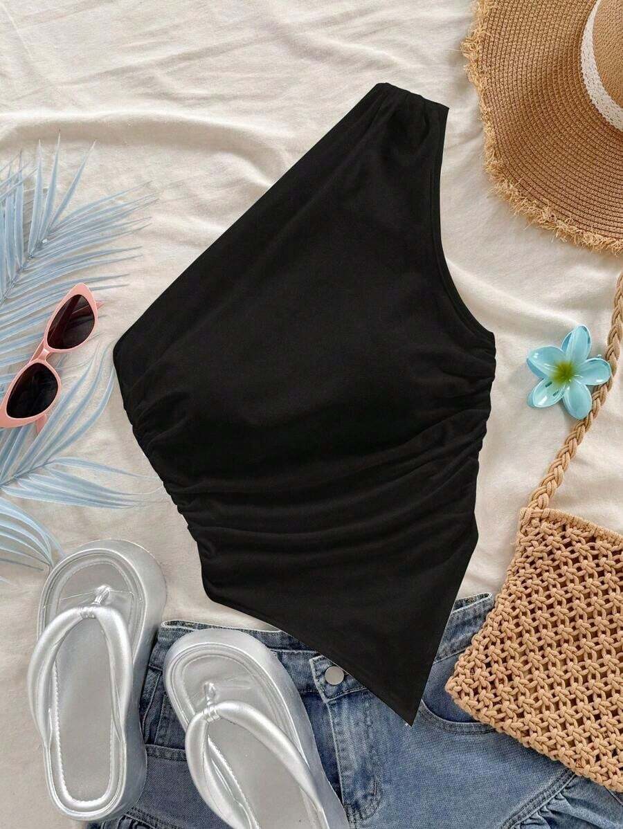 Conjunto de 3 piezas para mujer con top sin mangas con hombros fruncidos, de estilo minimalista y de moda, ideal para vacaciones, primavera y verano - Negro - Ver 1
