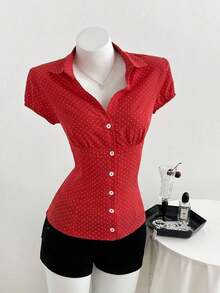 Camisa de mujer con cuello en V, cintura fruncida y manga corta, color blanco, para primavera/verano - Rojo - Ver 6