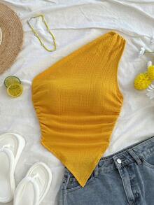 Blusa asimétrica del cuello para mujer para vacaciones de verano - Amarillo 2 - Ver 7