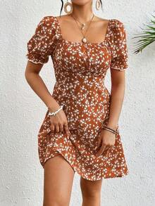 Vestido casual de mujer con estampado floral ditsy para vacaciones - Café integral - Ver 1