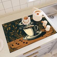 1pc Vintage Cartoon Hand-Painted Coffee Cup & Coffee Bean Pattern Dish Drying Mat, Dark Green Background With Golden Floral Texture, Suitable For Dining Table, Cafe, Multipurpose Drainage Mat, Home Gift, Desktop Decor - XYLSD-340 - View 6