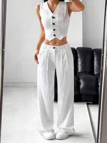 Unity Conjunto de top sin mangas con botones frontales a rayas y pantalones largos para mujer - Blanco - Ver 1