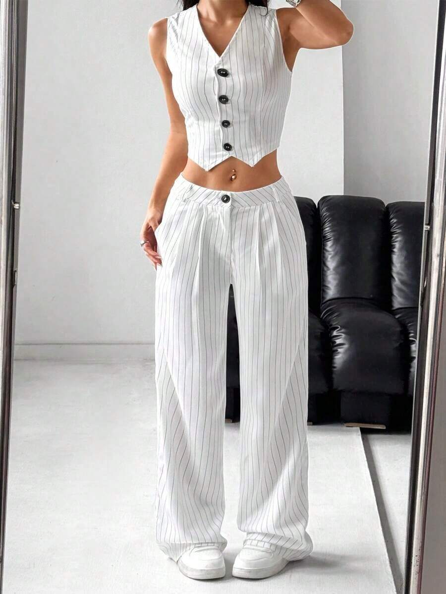 Unity Conjunto de top sin mangas con botones frontales a rayas y pantalones largos para mujer - Blanco - Ver 1