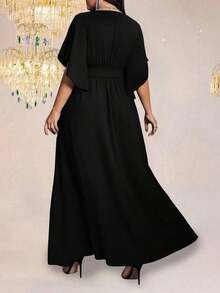 Vestido maxi elegante de fiesta con abertura, cuello en V ajustado, mangas acampanadas y cintura fruncida, talla grande para mujer - Negro 2 - Ver 2