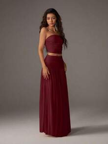 Unity Conjunto de 2 piezas de top corto de bustier de malla de unicolor y falda larga para mujer - Burdeos - Ver 5