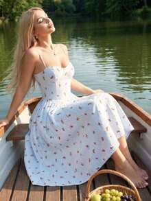 Vestido casual de tirantes tipo sundress de flujo con estampado floral minimalista en amarillo para primavera y verano - Multicolor 2 - Ver 3