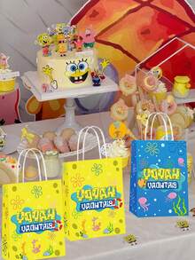 SpongeBob SquarePants SquarePants 生日禮物袋 16入 紙製手提派對伴手禮袋 2款設計（黃色與藍色）水下主題零食袋 印有「Happy Birthday」兒童禮物袋，適合主題派對、糖果袋與派對用品 - Gift bag - 查看 9