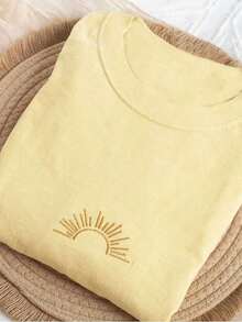 Women's Short Sleeve T-Shirt With Round Neck And Beach Sun Embroidery - 黃色 - 查看 5