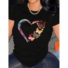 camisetas de mujer con estampado de leopardo Prenda individual, no un conjunto de 3 piezas, 1 piezas/set de camisetas de manga suitable for streetwear, Top oversized cuello redondo daily outings, camping, concerts, hip-hop, rock, and rap events floral en forma de corazón, camisetas gráficas de verano - Negro - Ver 2
