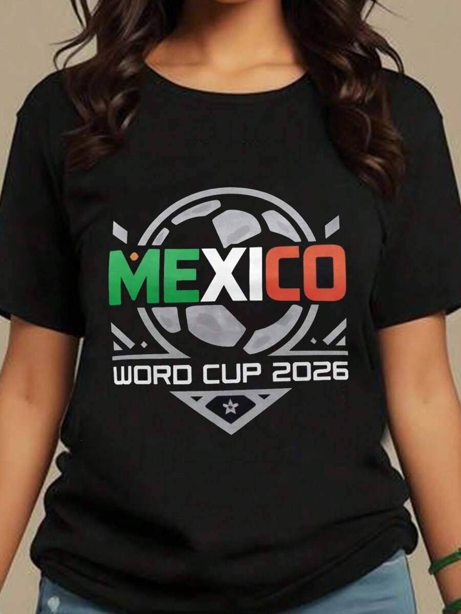 Camiseta de fútbol con letras de colores verde, blanco y rojo para mujer, camiseta de manga corta de cuello redondo con estampado de balón, moderna y con estilo - Negro - Ver 1