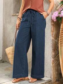 Jeans de pierna ancha con cintura con cordón y bolsillos, de uso versátil y casual para uso diario - Azul lavado oscuro - Ver 6