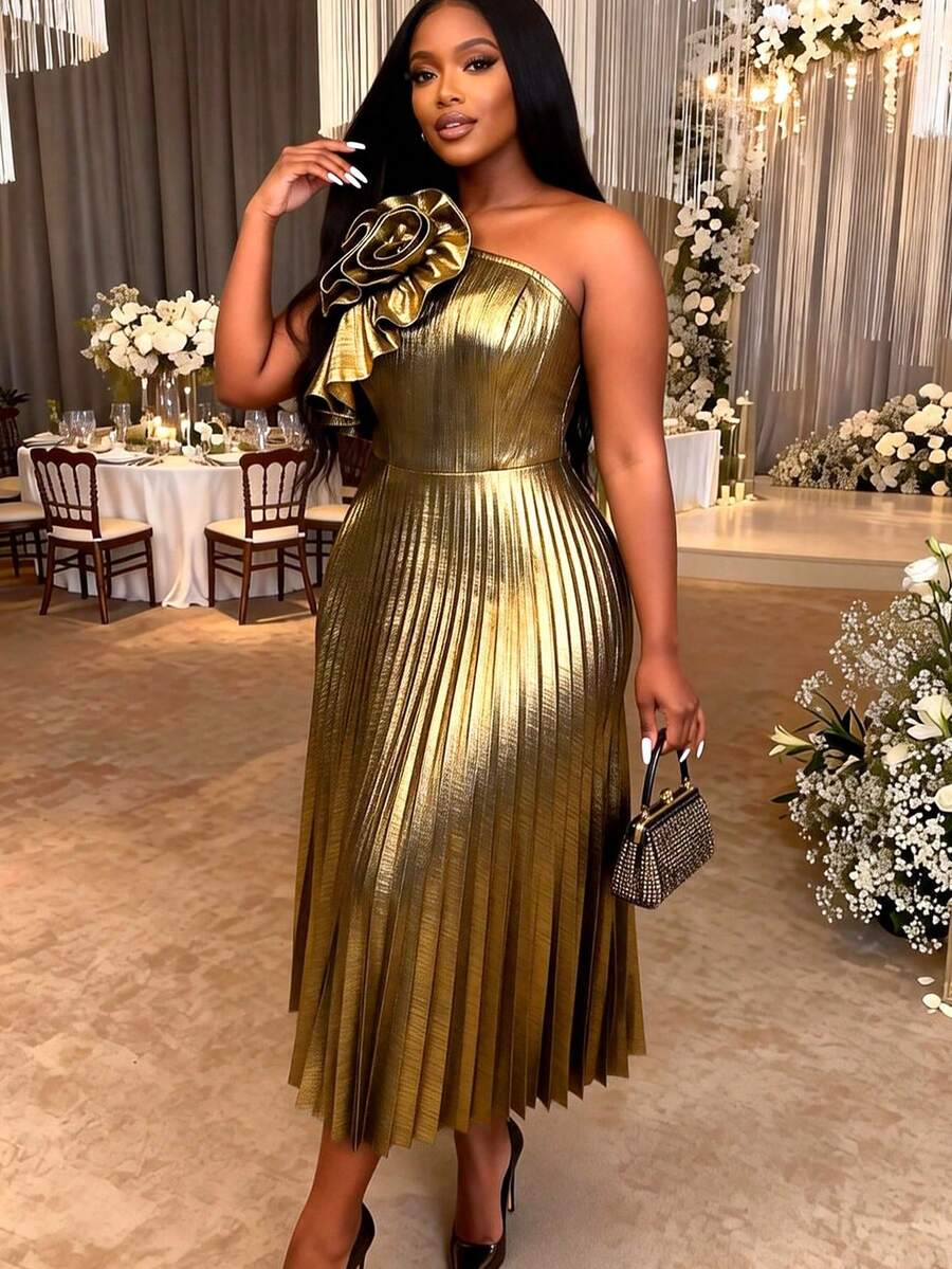 Elegant One-Shoulder Metallic Pleated Mid-Length Dress With 3D Floral Decor, Suitable For Formal Weddings, Guests, Summer Parties Vacation Party - Gold - View 1