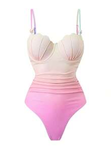 Swim Oasis Conjunto de traje de baño de 2 piezas de moda alta para mujer con falda ajustado con abertura lateral fruncida, ajustable con doble tirante y diseño de concha con degradado de color para primavera/verano - Multicolor - Ver 3