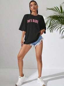 Summer TopsLetter Graphic Drop Shoulder Oversized Tee Graphic Tees Women Tops, Unisexcotton T-Shirt - Black - View 4