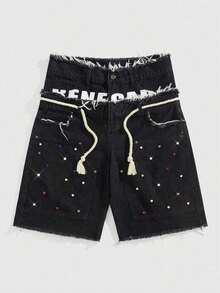 ROMWE MEN Street Life Pantalones cortos de mezclilla con doble cintura y bordado para hombres - Negro 5 - Ver 5