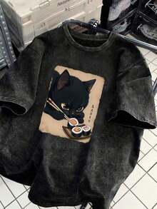 Camiseta de manga corta con estampado de gato negro retro vintage comiendo sushi, diseño de nicho, camiseta retro, camiseta de cuello redondo, esencial para primavera/verano, ropa interior para invierno, top de mujer, otoño/invierno, ajuste cómodo casual - Negro - Ver 7