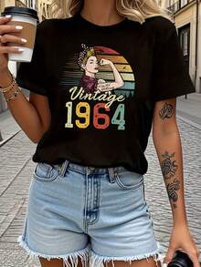 Camiseta Estampada Clásica Estilo Vintage de 1964 para Mujer, Manga Corta, Cuello Redondo, Top Casual para Verano y Primavera, Ropa de Mujer - Negro - Ver 6