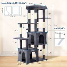 Árbol para gatos resistente de 61" y varios niveles para gatos grandes de interior y Maine Coons – Plataforma extra grande, 2 condominios espaciosos, postes rascadores de sisal natural, juguetes, centro de actividades moderno y robusto para gatos, verde/beige. - Gris oscuro - Ver 8
