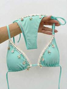Bikinx Women's Solid Color Satin Ribbon & Shell Decor Triangle Cup Tie Bikini Set, Suitable For Beach Vacation Summer - Mint Blue - View 5