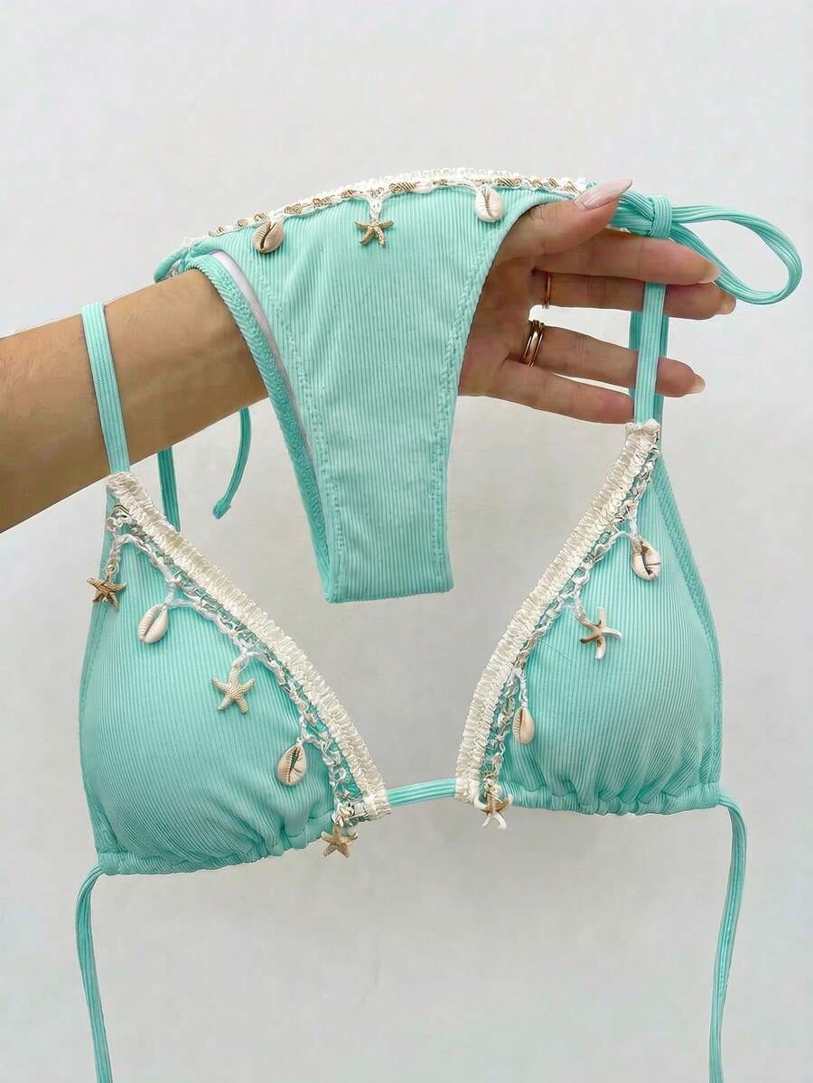 Bikinx Bộ bikini hai mảnh màu trơn bằng satin với ruy băng và họa tiết vỏ sò dành cho nữ, thích hợp cho kỳ nghỉ hè ở bãi biển. - Màu xanh bạc hà - Xem 1