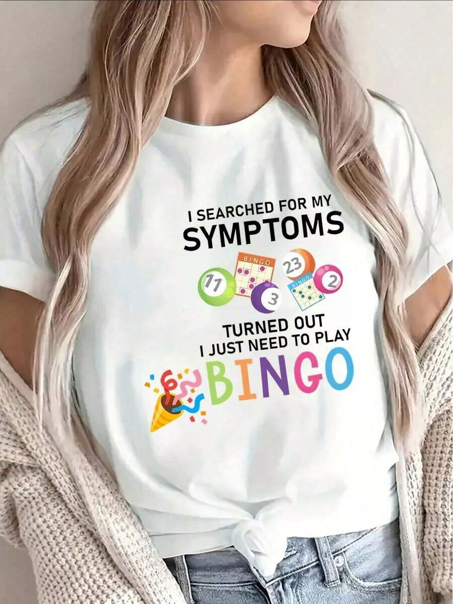 Women's Vintage Funny T-Shirt With Bingo Symptoms Graphics - Lightweight Short Sleeve Crew Neck T-Shirt With Bingo Class And Bingo Card Design, Comfortable T-Shirt For Home, Restaurant Or Everyday Wear, Bingo T-Shirt, Funny Print, Durable Fabric, Fashionable Home Wear - 白色 - 查看 1
