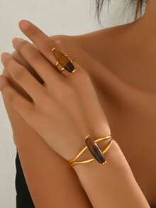 1 Set Vintage Ring & Bracelet Jewelry Set, Suitable For Women's Daily Wear And Parties (Agate Color Random) - Set - View 2
