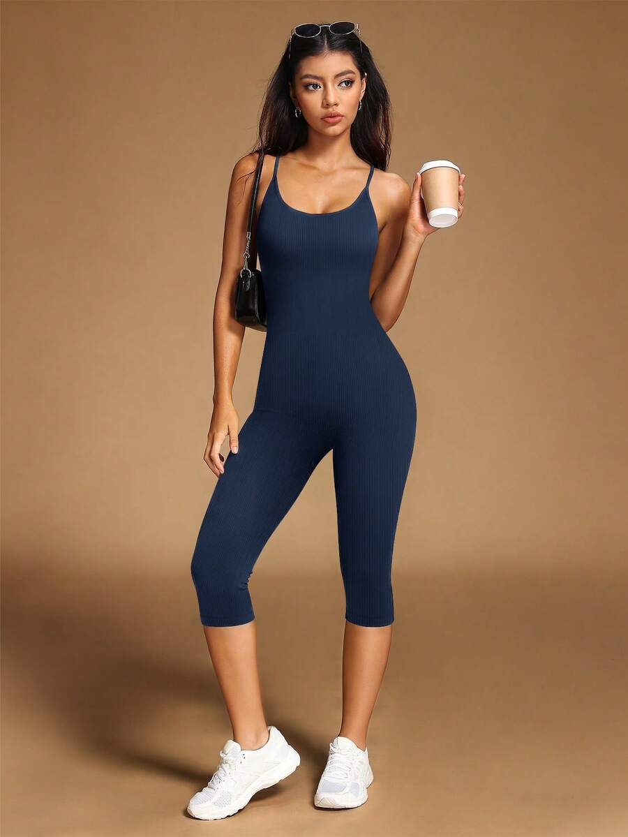VVX Jumpsuit Capri Yoga Wanita, Leher Bulat, Tali Bahu Tipis, Tanpa Punggung, Pengontrol Perut, Pengangkat Bokong, Celana Pendek Olahraga Gym, Romper Tanpa Jahitan Bergaris