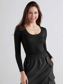 Women's Ribbed U-Neck Long Sleeve Bodysuit - Sculpting Stretch One-Piece Top For Casual, Lounge & Streetwear - 黑色 - 查看 2