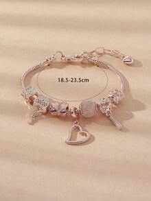 1 pieza Pulsera de Dije para Mujer de Uso Diario, Cadena de Serpiente de San Valentín, Colgante de Corazón y Mariposa con Cristales, Romántica en Color Oro Rosa - Multicolor - Ver 4