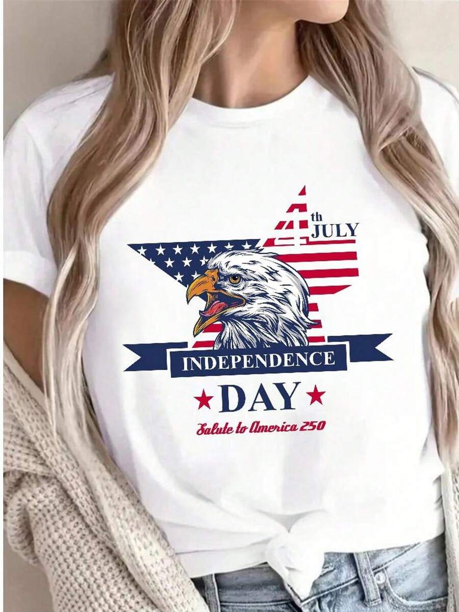 Camiseta del Día de la Independencia con Águila Calva y Bandera de EE. UU. Camiseta Patriótica. 220 g de algodón puro unisex. Peso ideal para todas las estaciones, apta para hombres y mujeres. Tejido duradero de alta calidad, suave al tacto y de larga duración. Camiseta transpirable. Adecuada para primavera y verano, vacaciones, Día de la Madre y Día de la Independencia. - Blanco - Ver 1