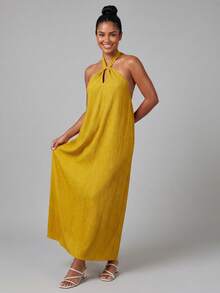 Women Long Halter Neck Dresses Loose Solid Sleeveless Open Back Tie-up Dress for Summer Beach Party Club - Amarillo - Ver 3