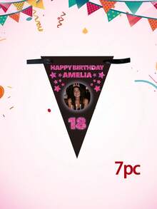Bandeirola de aniversário personalizada com foto e texto, bandeirinha triangular personalizada com nome e idade, decoração para festa de aniversário de 18/21/30 anos, bandeirinha triangular preta com estrelas brilhantes, decoração para festa de aniversário. - Multicolorido - Ver 21