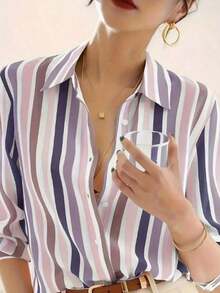 New Loose-Fitting Long-Sleeved Blouse For Women, Plain Color Button-Down Shirt For Spring - 淡紫色 - 查看 9