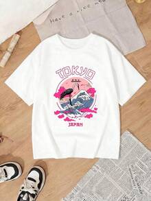 Women's Casual Short-Sleeved Crew Neck T-Shirt With A White Crane Print Of Tokyo, Japan, Perfect For Summer Outfits. YNG6 - 白色 - 查看 2