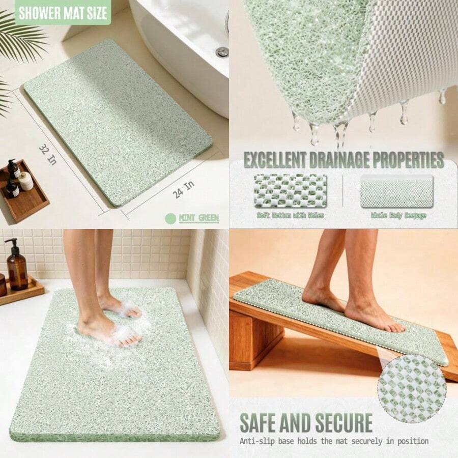 Shower Mats For Showers Anti Slip For Elderly, 32'' X 24'' Non Slip Bath Mat For Inside Shower, Bath Tub Mats For Bathroom Non Slip For Shower, PVC Loofah Bathroom Mats - Mint Green - View 1