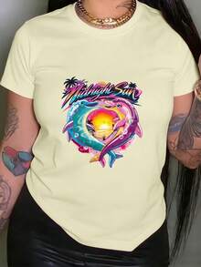 GiftGiftGiftGiftLarsson Camiseta con Estampado Gráfico de Delfín Sol de Medianoche, Manga Corta, Cuello Redondo, Top Casual para Verano y Primavera, Ropa de Mujer SuaveSoftSoft - Albaricoque - Ver 7