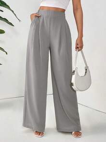 Pantalones holgados básicos casuales de cintura alta de unicolor, plisados y de pierna ancha para mujer - Gris - Ver 6