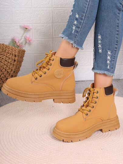 Women's New Comfortable Non-Slip Sole Boots, PU Material, Soft And Fashionable, Versatile For All Seasons, Lace-Up Design, Wide And Large Size, Soft And Breathable, Fashionable Outdoor Thick-Soled Lightweight Increased Height Comfortable Holiday Travel Suitable For All Seasons Ankle Boots, Chelsea Boots